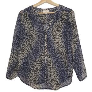 Collective Concepts | Leopard Print Sheer Button Front Blouse Roll Tab Sleeves